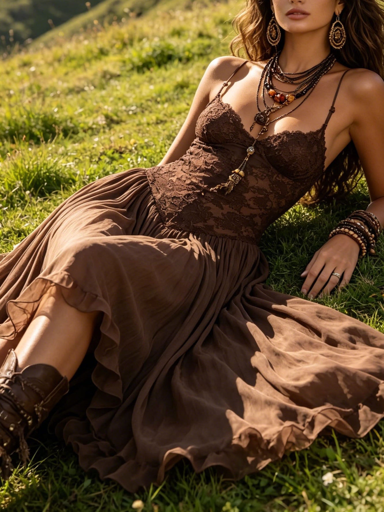 Abito Maxi in Chiffon con Pannelli in Pizzo Marrone Scuro