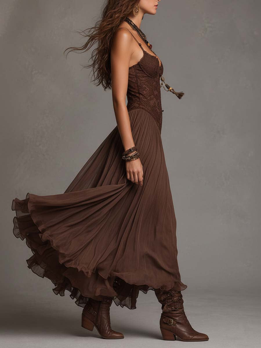 Abito Maxi in Chiffon con Pannelli in Pizzo Marrone Scuro