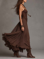 Abito Maxi in Chiffon con Pannelli in Pizzo Marrone Scuro