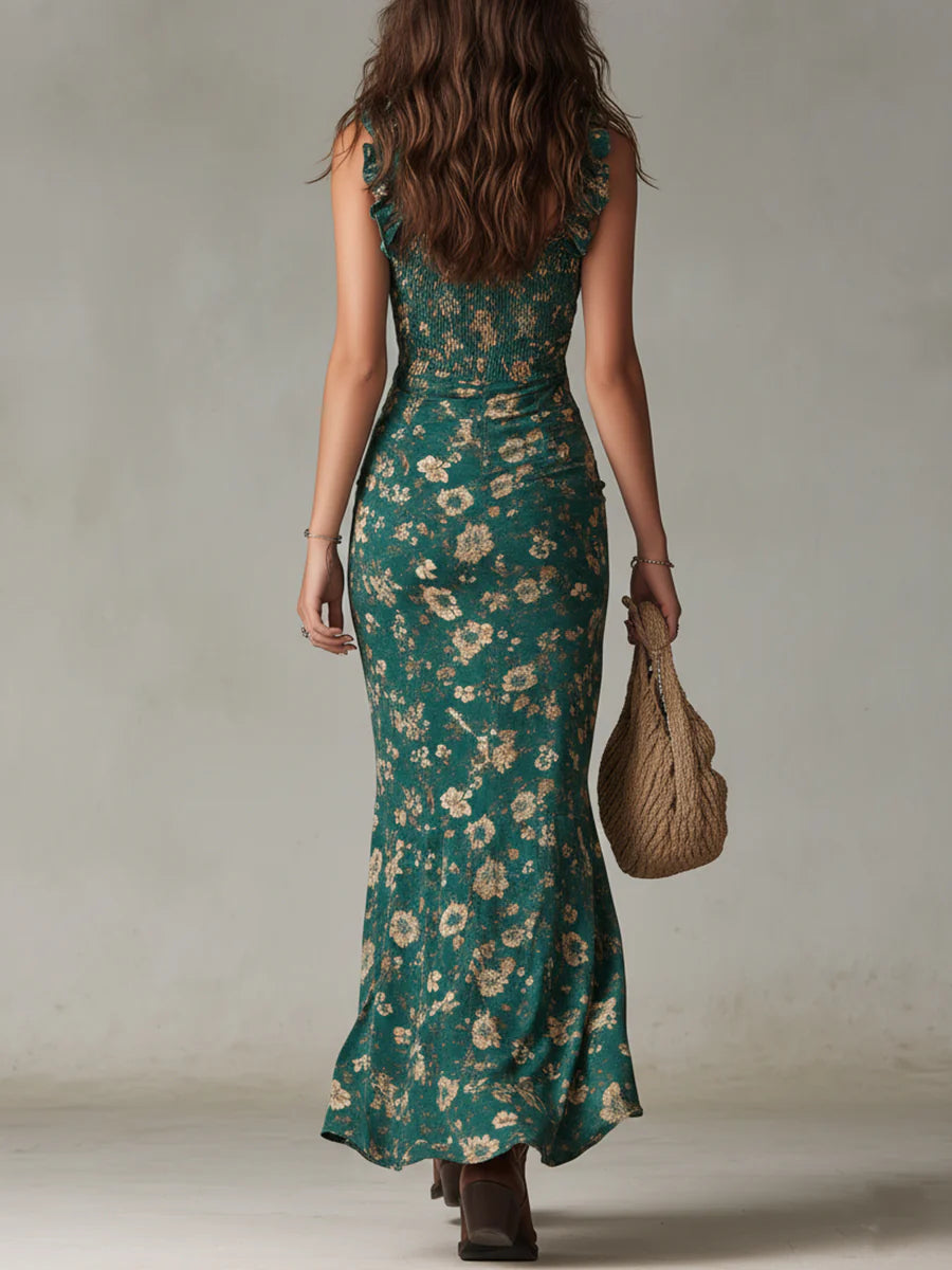 Abito Maxi Stampato Verde Bohemien con Maniche Volant