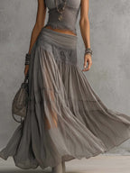 Top Grigio Trasparente con Pannelli in Pizzo e Set di Gonna Maxy Plissettata