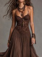 Abito Maxi in Chiffon con Pannelli in Pizzo Marrone Scuro