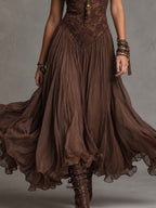 Abito Maxi in Chiffon con Pannelli in Pizzo Marrone Scuro