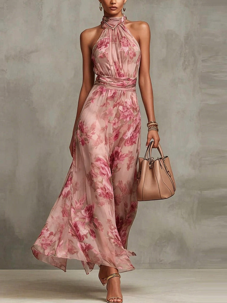 Abito Maxi Halter in Chiffon Rosa a Fiori