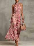 Abito Maxi Halter in Chiffon Rosa a Fiori