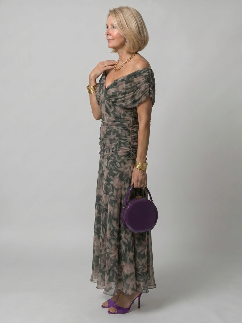 Abito midi floreale con spalle scoperte