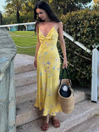 Abito Maxi in Satin Floreale Giallo