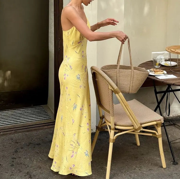 Abito Maxi in Satin Floreale Giallo