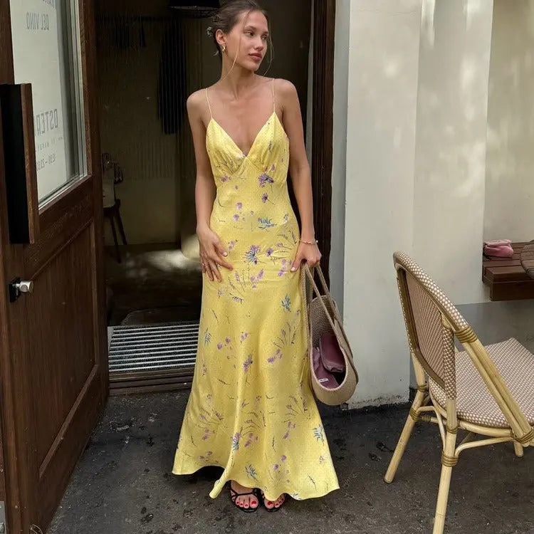 Abito Maxi in Satin Floreale Giallo