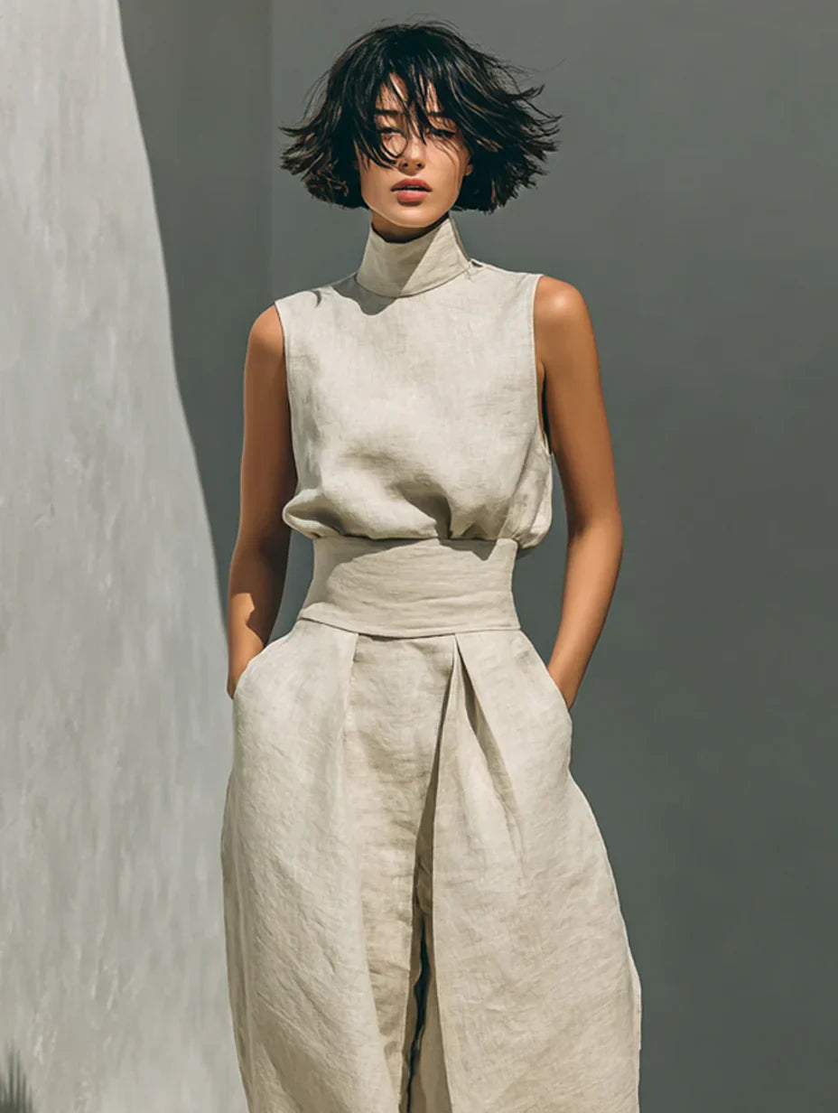 Completo minimalista di top senza maniche e pantaloni a gamba larga
