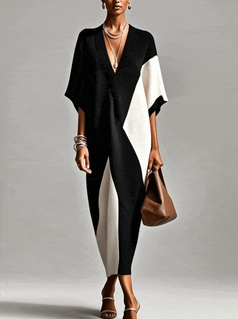Abito Midi Testurizzato Bianco e Nero con Scollo a V