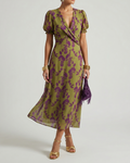 Abito elegante verde con stampa di fiori viola