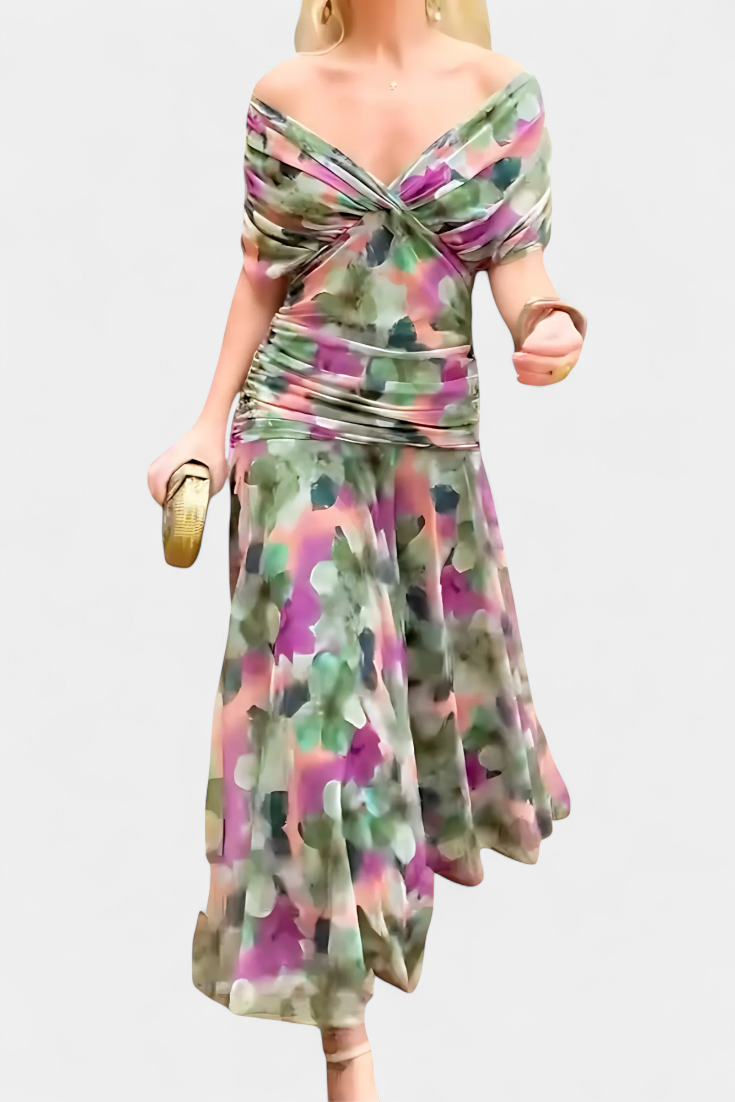 Vestito Lungo Floreale con Scollatura a V