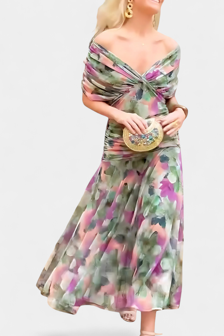 Vestito Lungo Floreale con Scollatura a V
