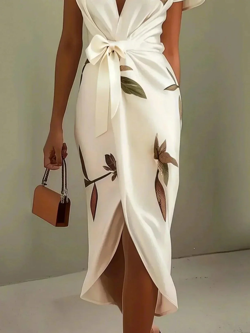 Abito Wrap Elegante con Stampa di Foglie
