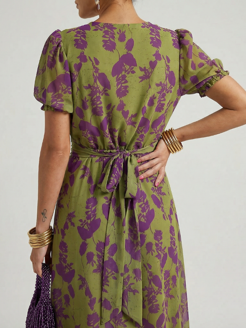 Abito elegante verde con stampa di fiori viola