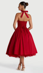 Square Halter Neckline Voluminous Midi Dress In Red