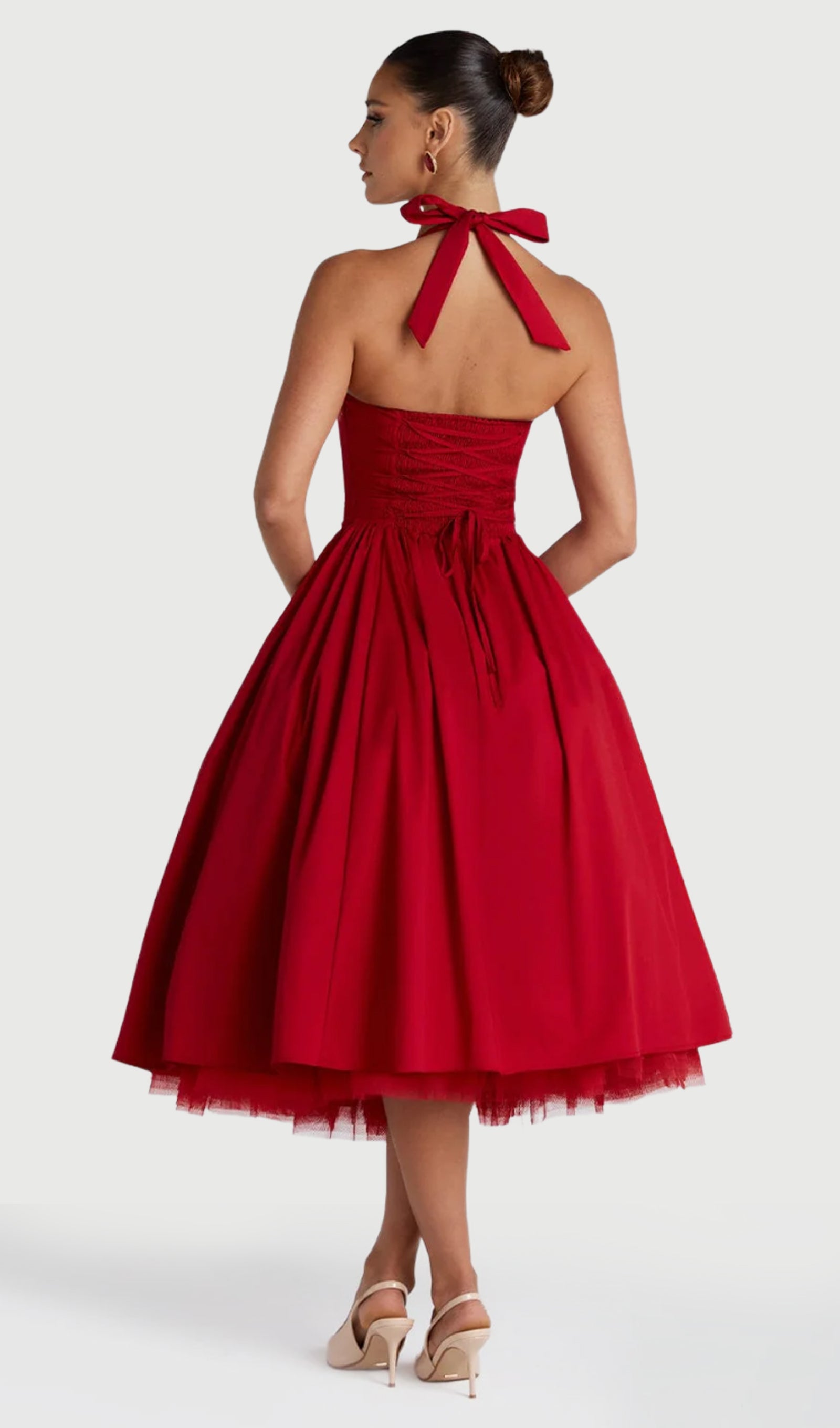Square Halter Neckline Voluminous Midi Dress In Red