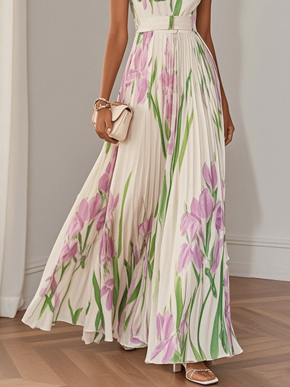 Abito Maxi Bianco Pieghettato con Fiori