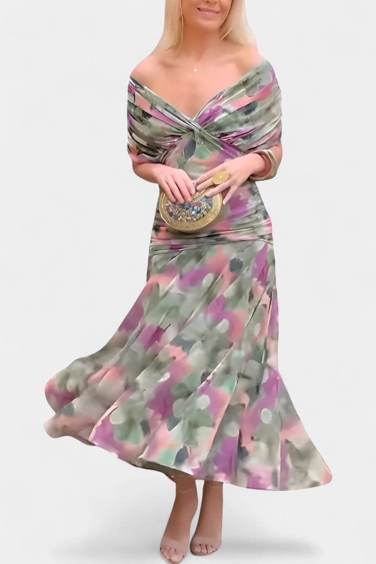 Vestito Lungo Floreale con Scollatura a V