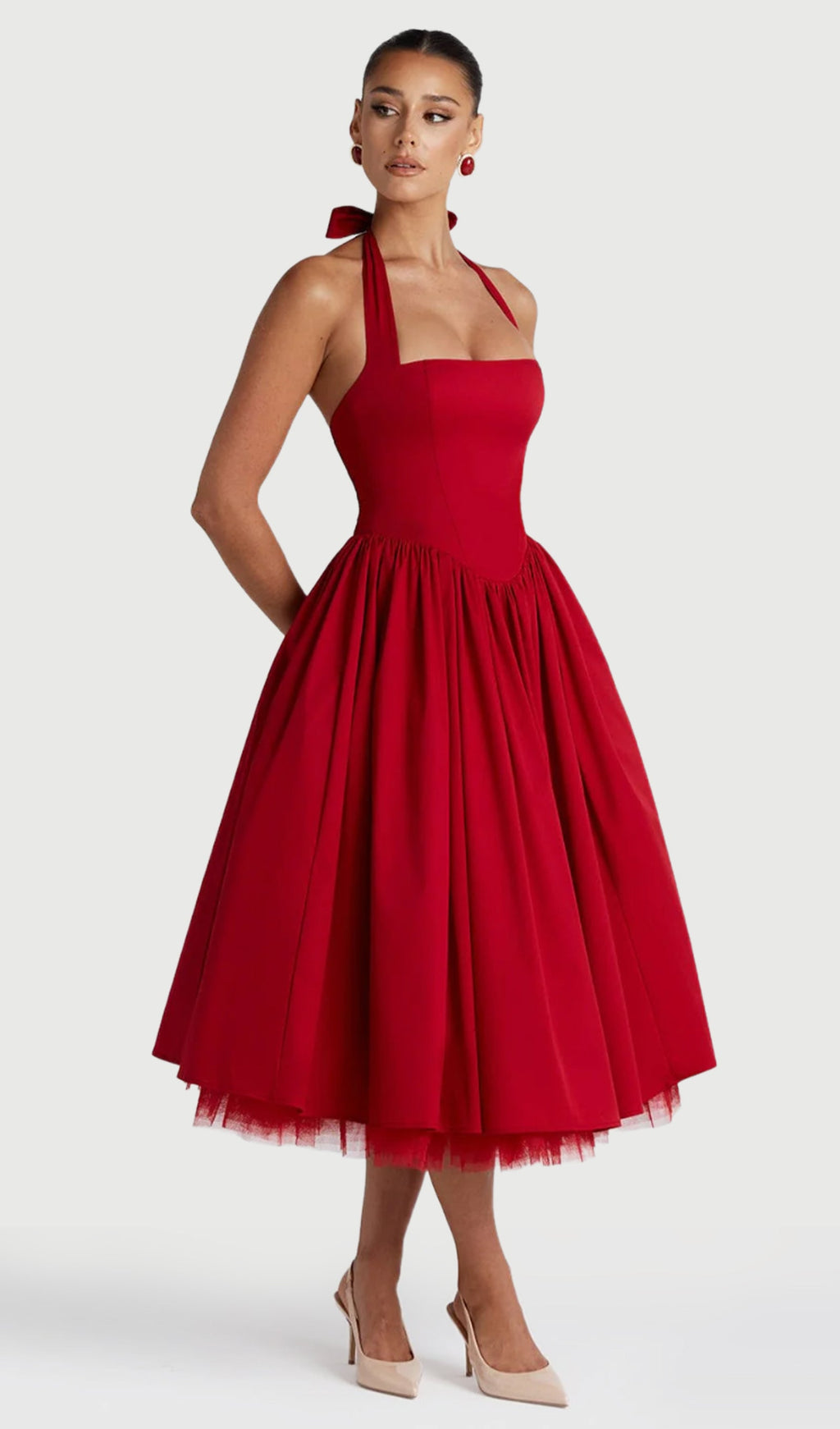 Square Halter Neckline Voluminous Midi Dress In Red