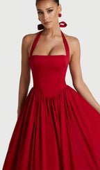 Square Halter Neckline Voluminous Midi Dress In Red