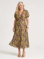 Abito elegante verde con stampa di fiori viola