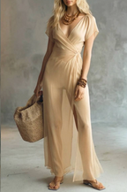 Abito Maxi Chiffon Champagne con Scollo a V e Spacco