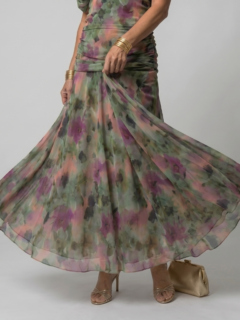 Abito midi floreale con spalle scoperte