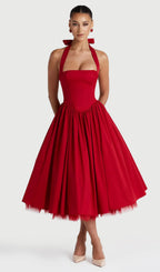 Square Halter Neckline Voluminous Midi Dress In Red
