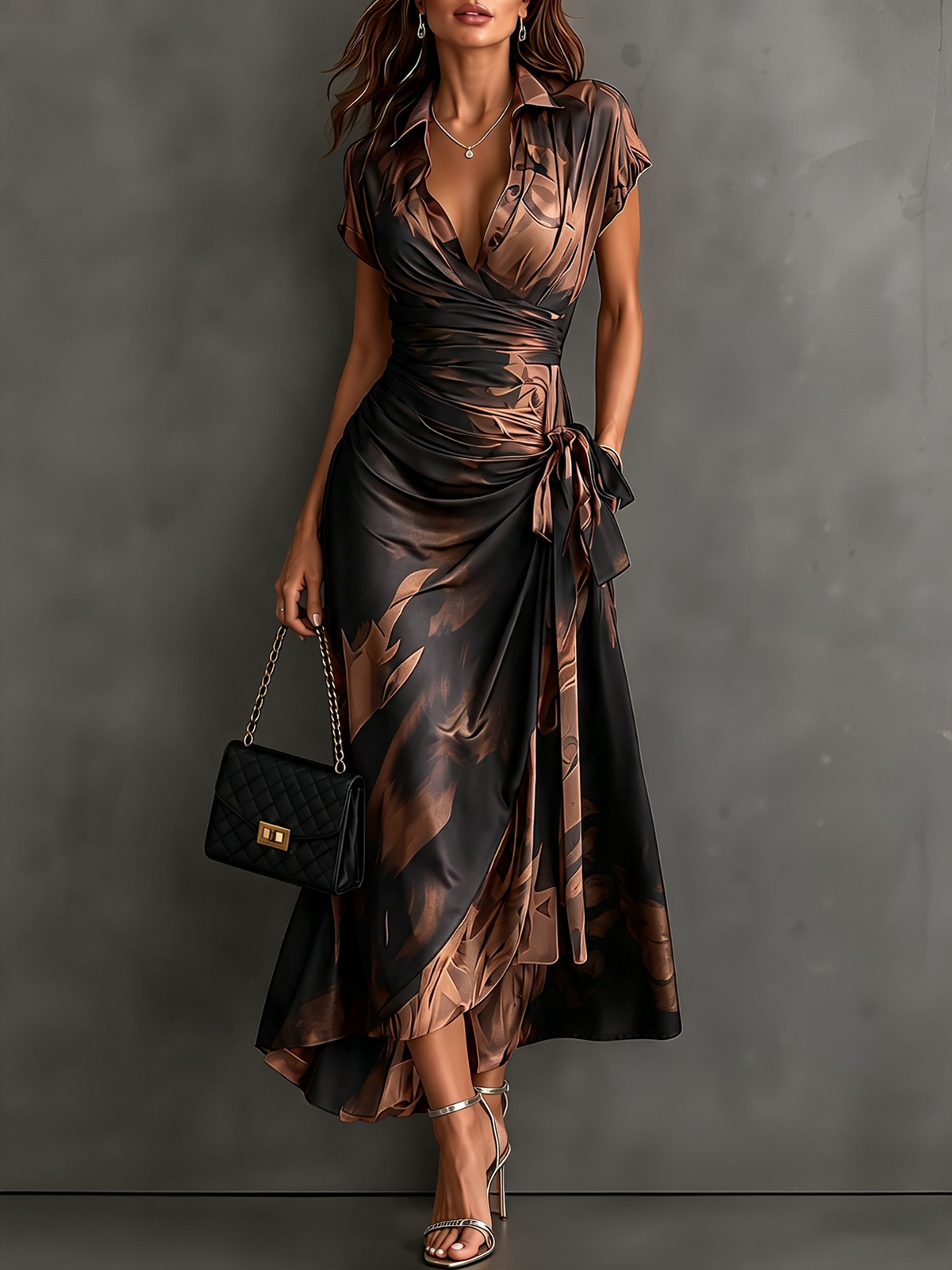 Ela - Vestito Midi Avvolgente Astratto Rosso e Nero con Collo a Camicia