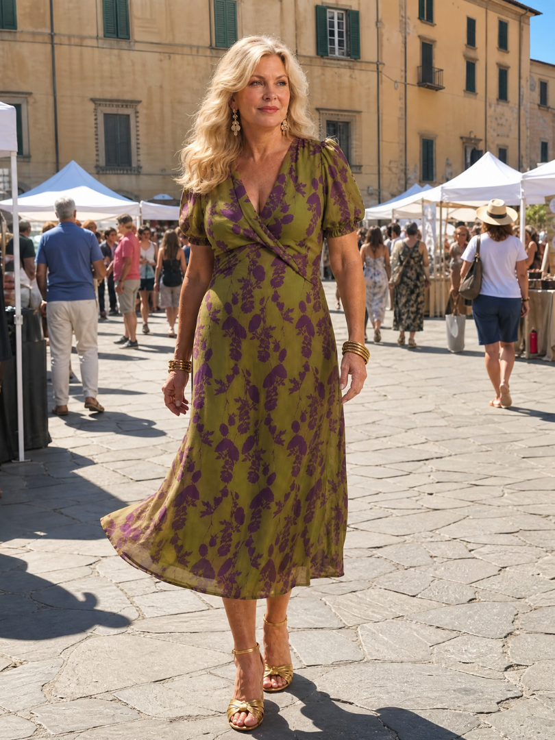 Abito elegante verde con stampa di fiori viola