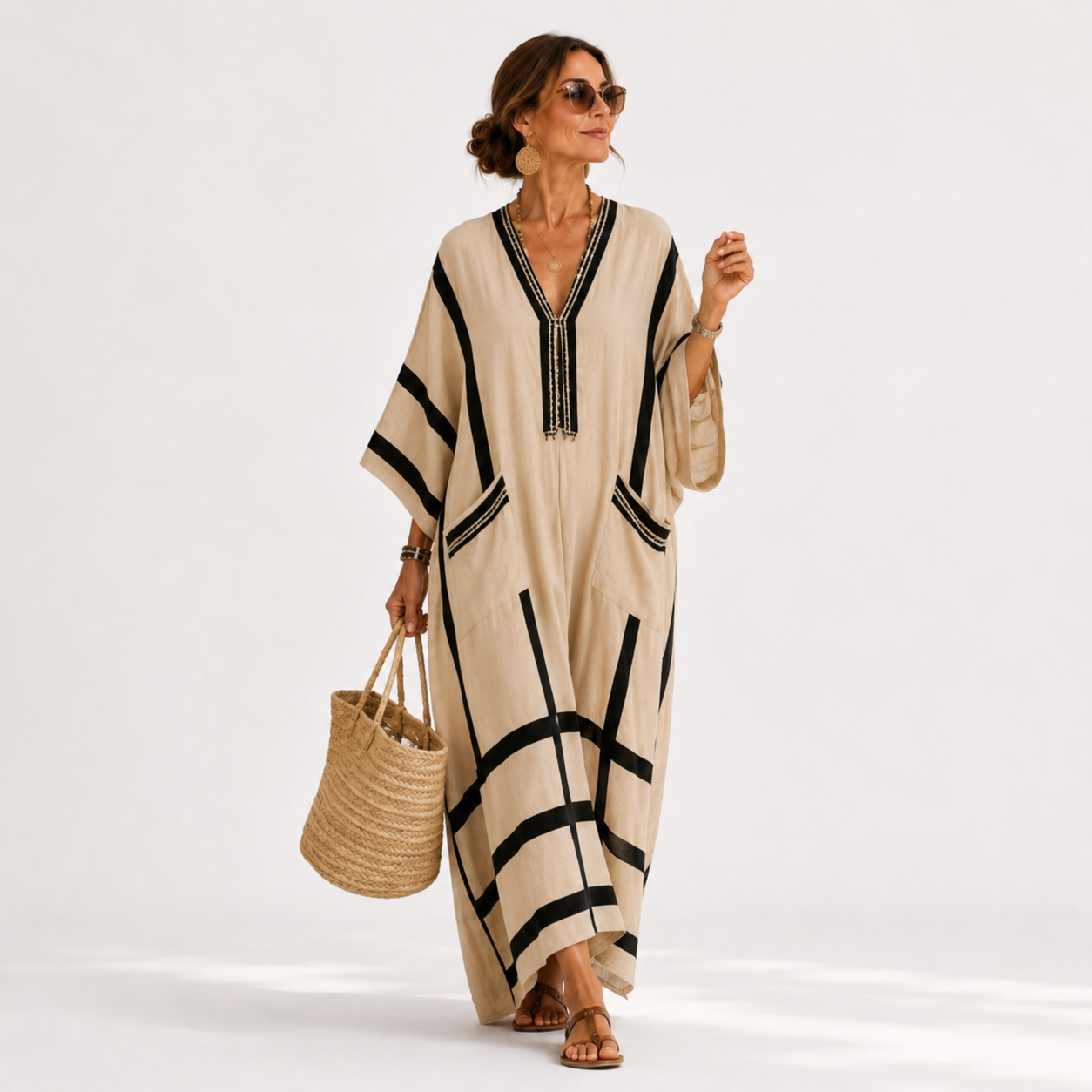 Caftano Elva Beige Strisce Nere