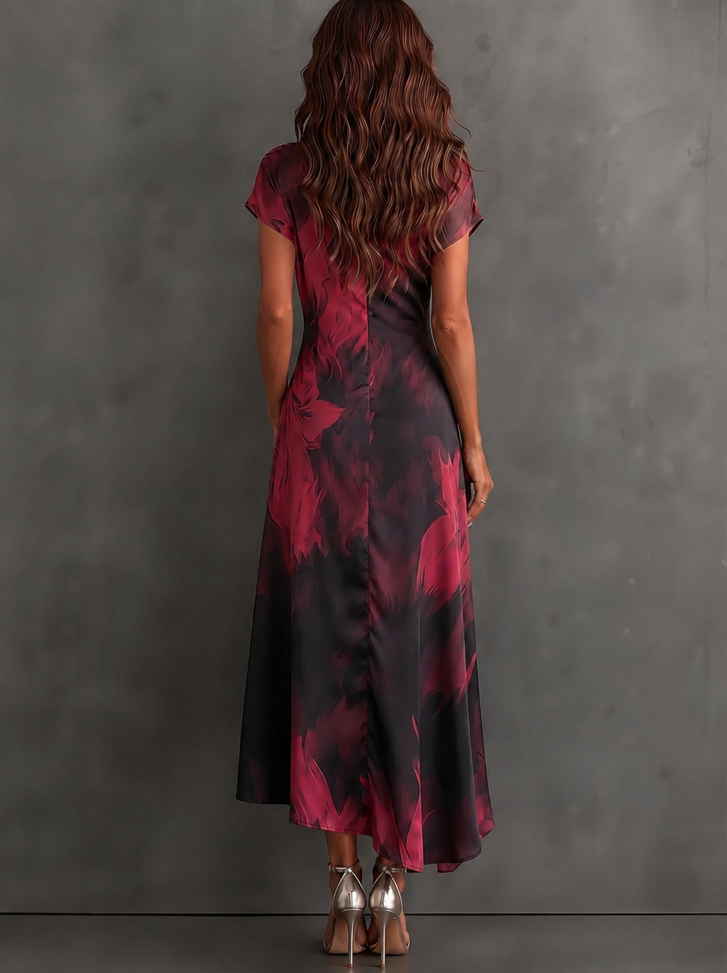 Ela - Vestito Midi Avvolgente Astratto Rosso e Nero con Collo a Camicia