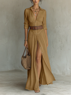 Abito Maxi Lungo con Collo a V e Maniche Lunghe per Donne