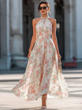 Abito lungo in Chiffon con Stampa Floreale e Collo Halter