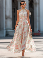 Abito lungo in Chiffon con Stampa Floreale e Collo Halter