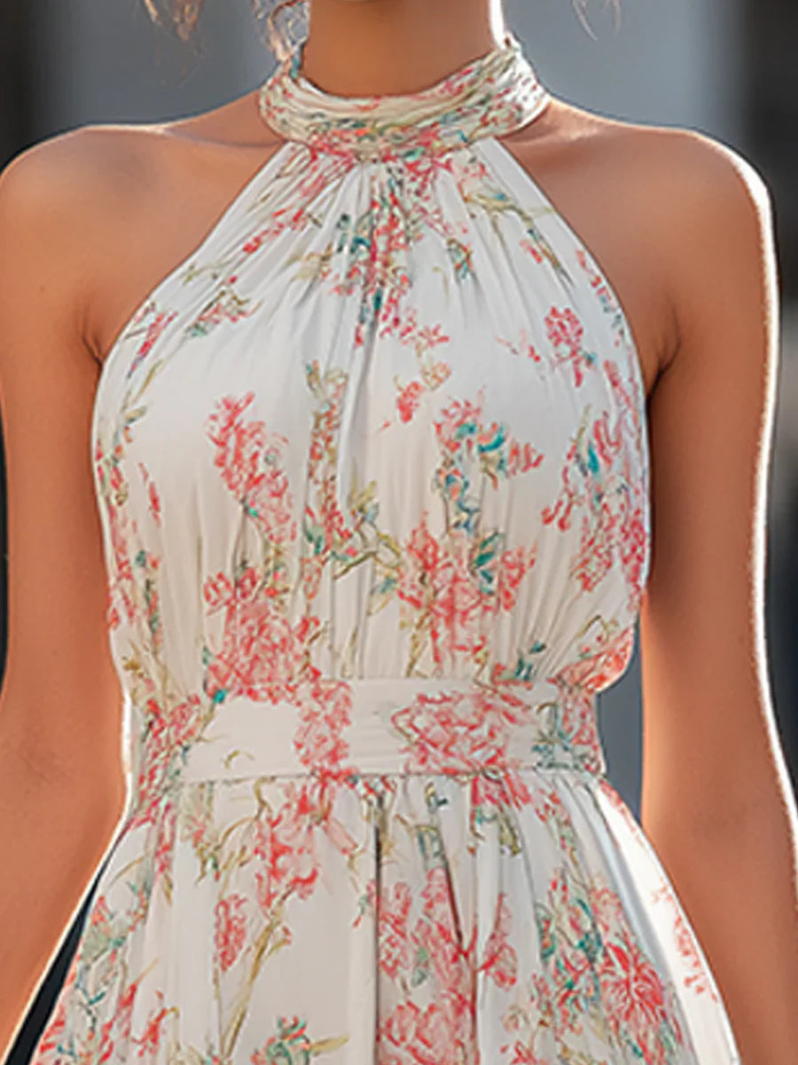Abito lungo in Chiffon con Stampa Floreale e Collo Halter