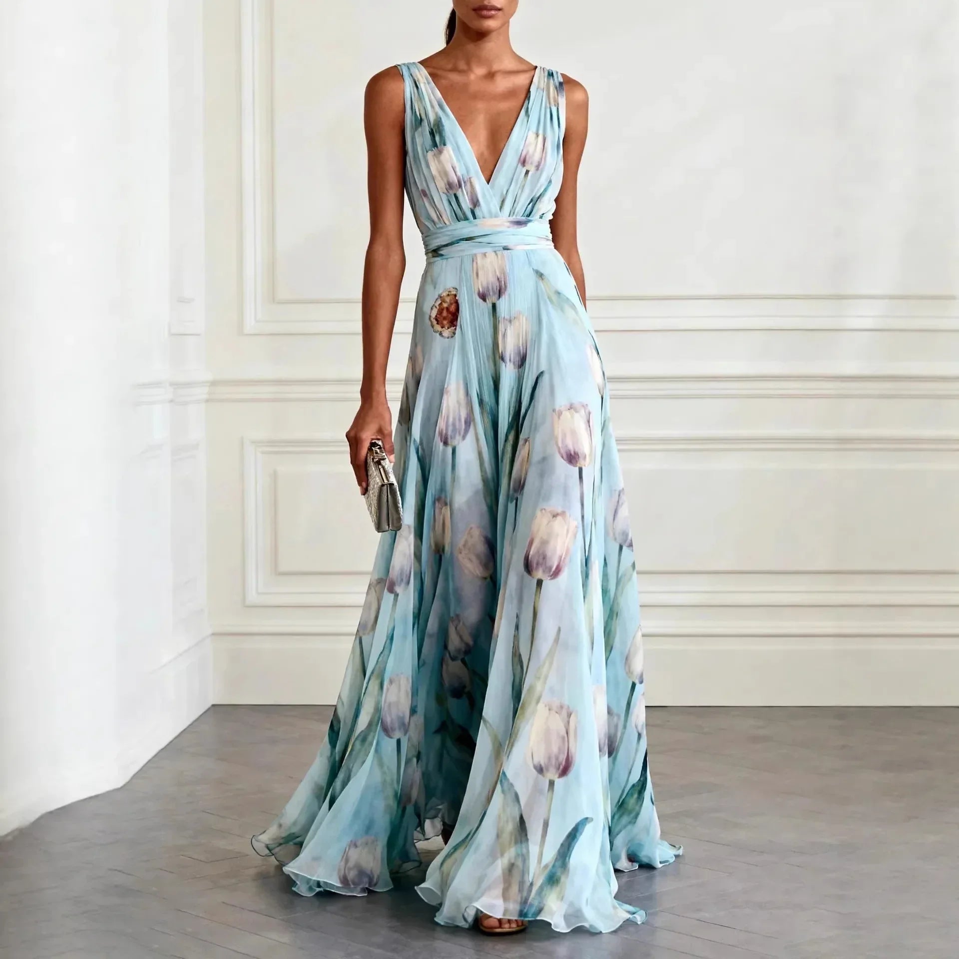 Abito elegante con stampa di tulipani