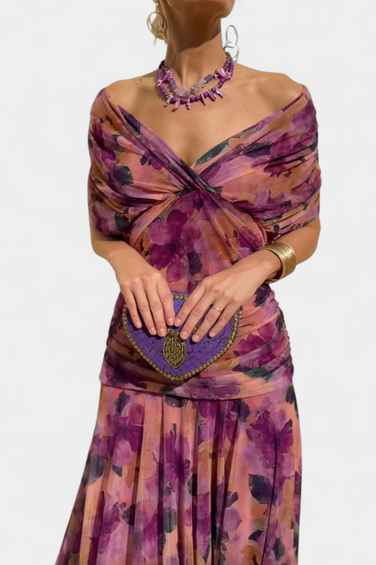 Vestito Lungo Floreale con Scollatura a V