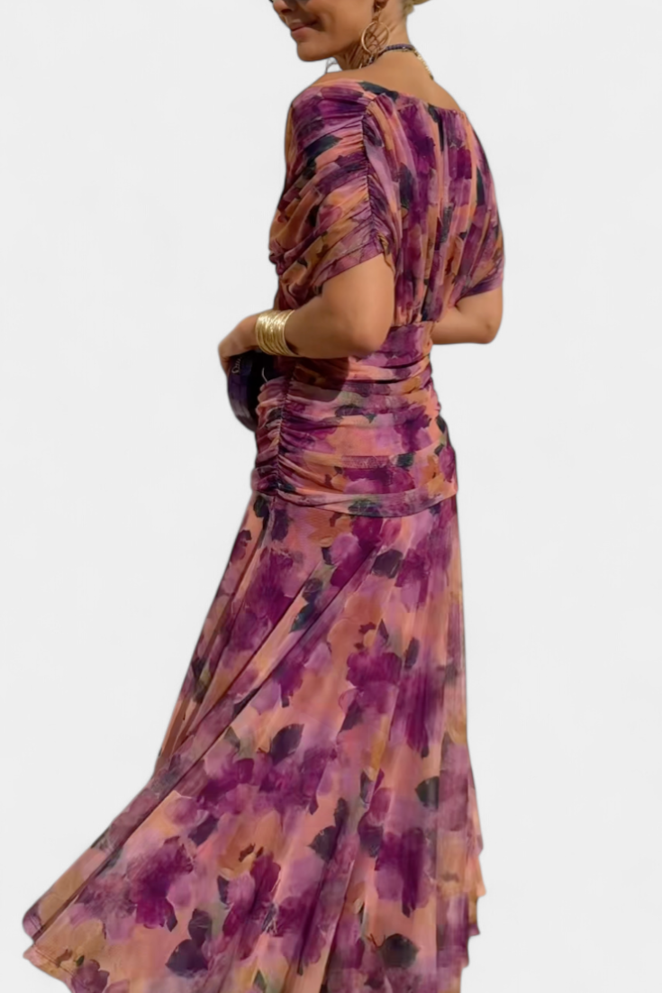 Vestito Lungo Floreale con Scollatura a V