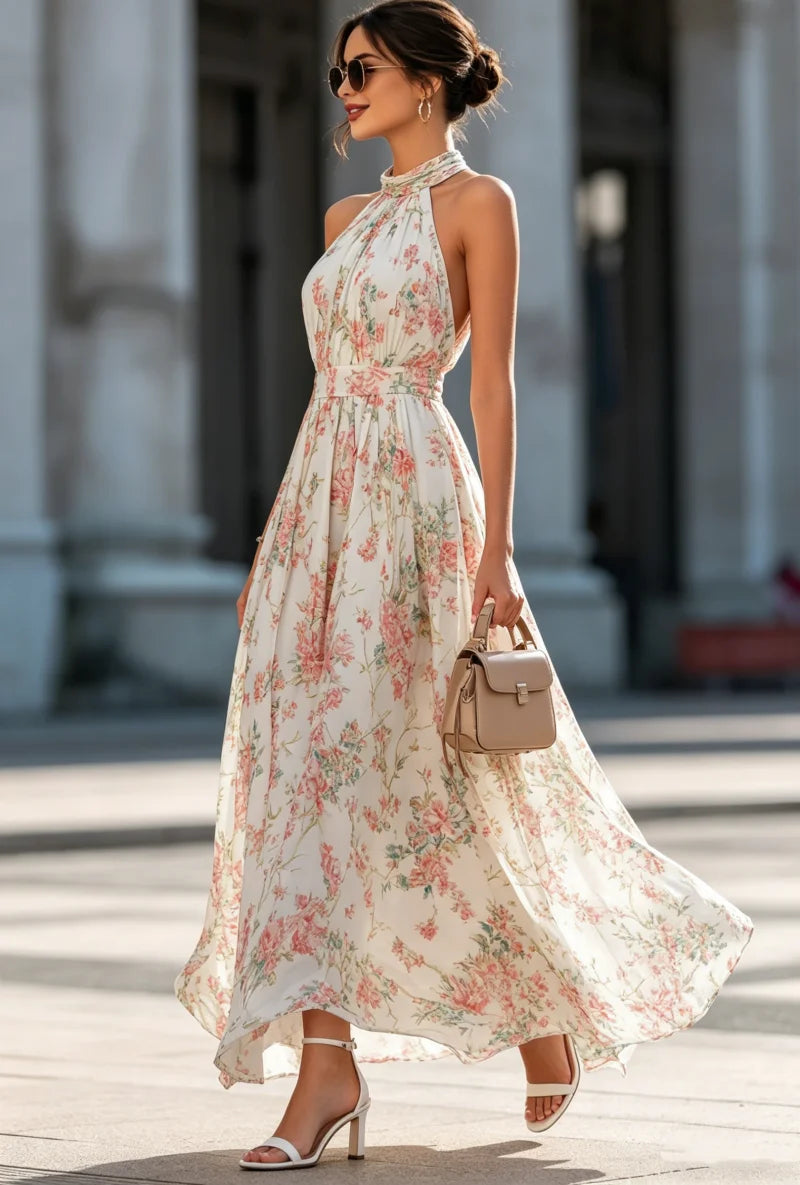Abito lungo in Chiffon con Stampa Floreale e Collo Halter