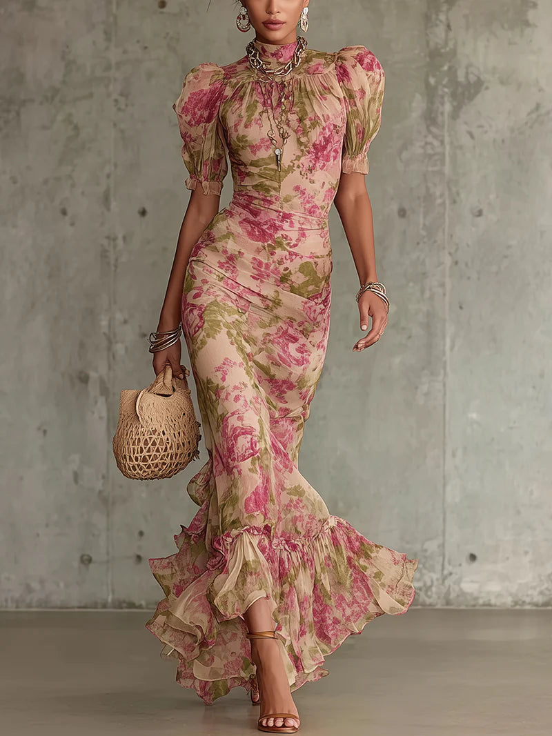 Abito Maxi con Stampa di Rose Vintage e Maniche a Palloncino (Accessori non inclusi)