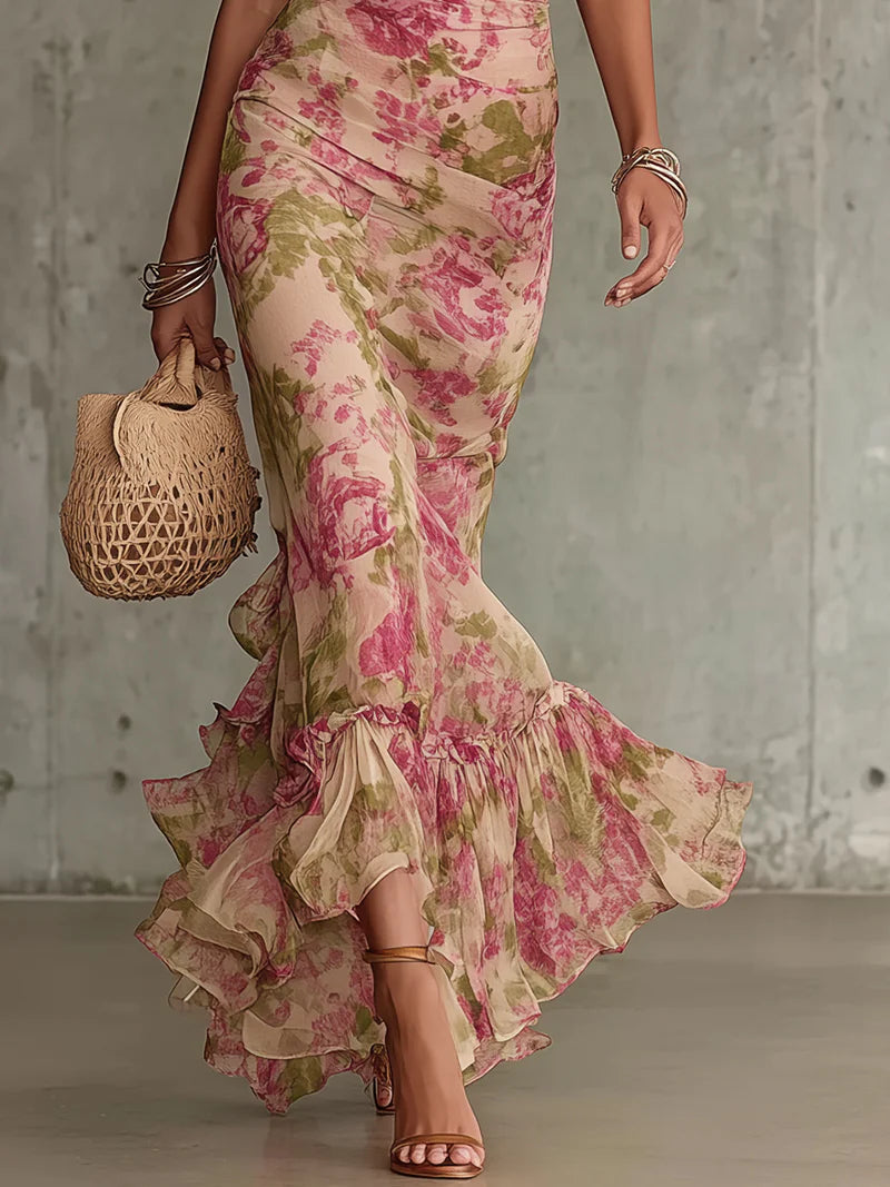 Abito Maxi con Stampa di Rose Vintage e Maniche a Palloncino (Accessori non inclusi)