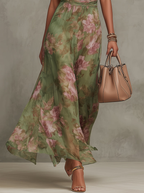 Abito Maxi Halter in Chiffon Verde a Fiori