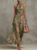 Abito Maxi Halter in Chiffon Verde a Fiori