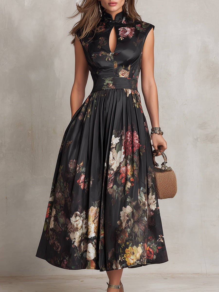 Abito midi in satin plissettato floreale con colletto a chiave nera