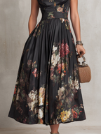 Abito midi in satin plissettato floreale con colletto a chiave nera