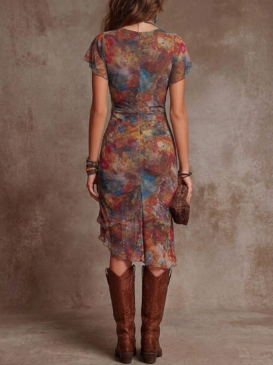 Abito midi plissettato con scollo a V in arte astratta bohemien