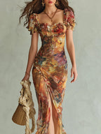 Abito Maxi Chiffon Stampa Olio Bohemien Arancione